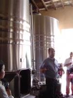 Explaination of grape juice fermentation launch process, in front of an inox tank